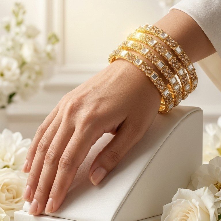 Royal Gold Plated Mirror Kundan Bangles Set - 4 Piece Traditional Bridal Churi with AD Zirconia